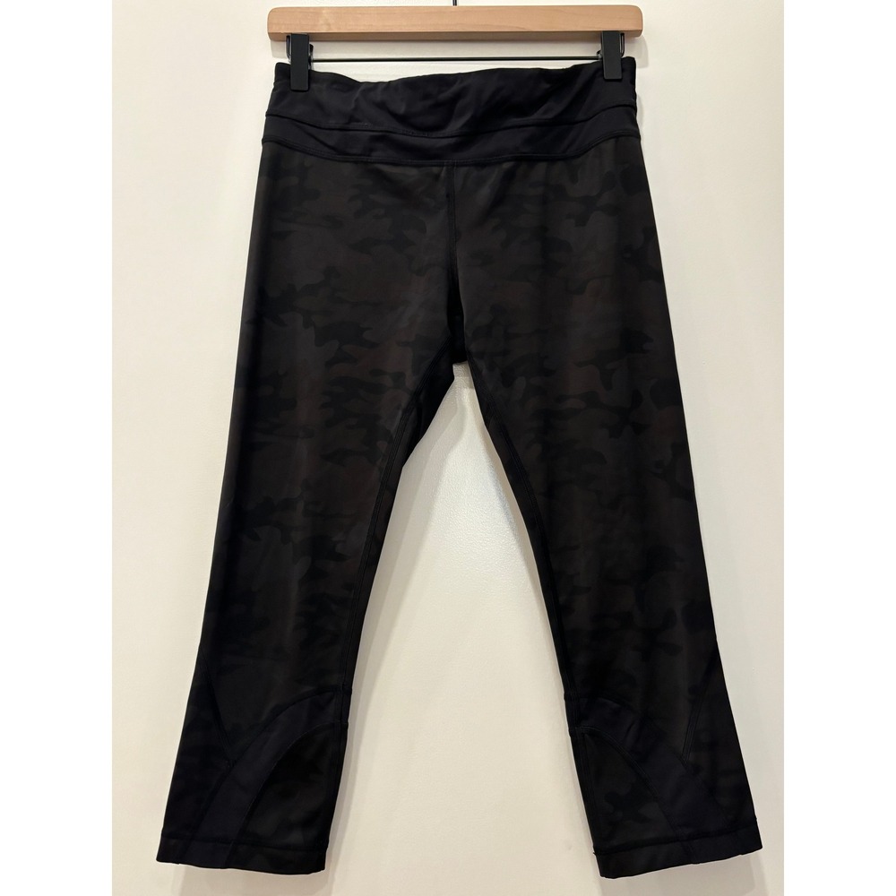Lululemon Run Inspire Leggings Size 8 Black Grey Camo Zipper Pocket Yoga Running